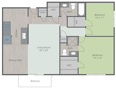Floor plan for 2 beds, 2 baths, 1100 sqft